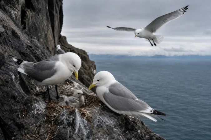 Adult black-legged kittiwakes tending chicks on a rocky breeding ledge above the North Pacific Ocean in Alaska.
