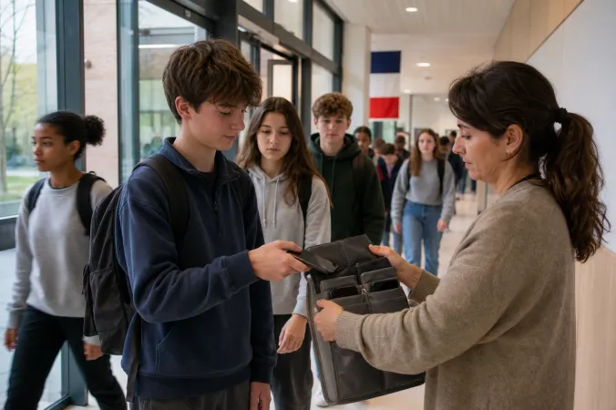 French secondary-school students walking through a school corridor with smartphones placed in a secure storage pouch beside a noticeboard.