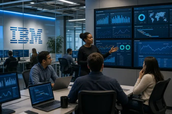 IBM employees reviewing AI-driven operational dashboards in a modern office, with the IBM logo displayed on a glass wall.