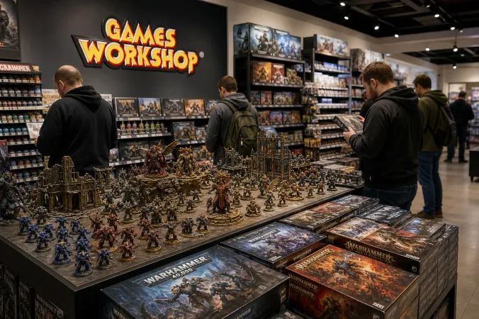 A Games Workshop store interior with painted Warhammer miniatures, hobby paint pots, boxed tabletop products and the Games Workshop logo on a wall display.