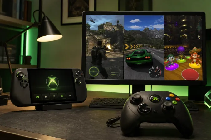 A Windows gaming handheld and desktop monitor displaying classic Xbox game scenes beside an original Xbox controller, with the Xbox logo visible.