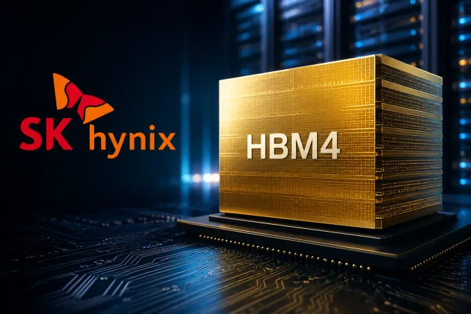 An advanced memory chip package on a semiconductor production line, with SK hynix branding visible in the background.