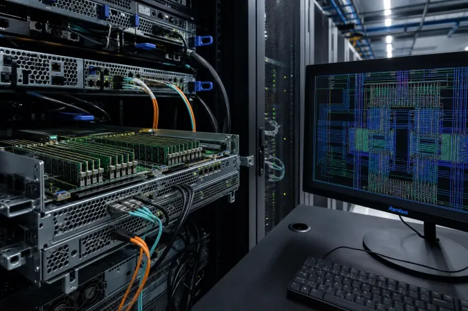 A data-centre server rack with memory modules and high-speed interconnect traces, alongside a Rambus-branded engineering display.