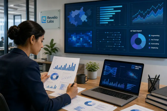A workforce analyst examines AI-related hiring and wage charts on a large office display beside a laptop showing the Revelio Labs logo.