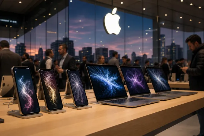 An Apple Store display with iPhones showing abstract AI-style interface elements, beneath an illuminated Apple logo.