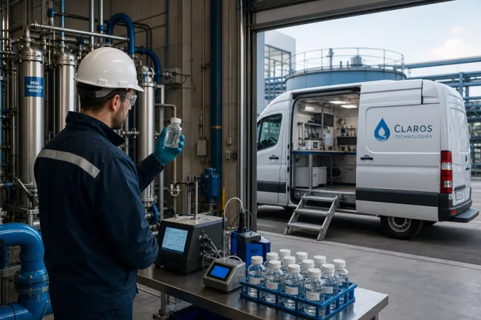 A Claros Technologies engineer in a protective industrial laboratory beside a mobile PFAS water-testing unit and treatment equipment.