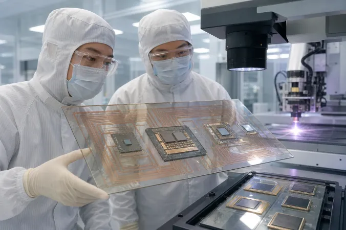 Engineers inspect a large glass substrate panel with semiconductor package routing patterns in a cleanroom.
