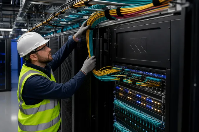 A technician installs high-density fibre-optic cabling in an AI data centre aisle beside server racks and network switches, with the Corning logo on equipment.