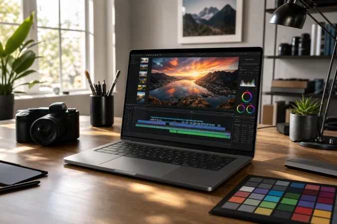A premium laptop with a bright OLED display showing an HDR video-editing scene in a sunlit studio workspace.