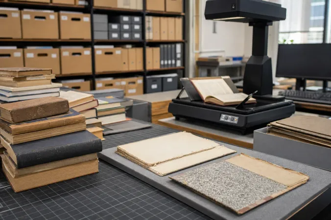 Stacks of older used books beside a high-speed book scanner in a controlled archival workspace.