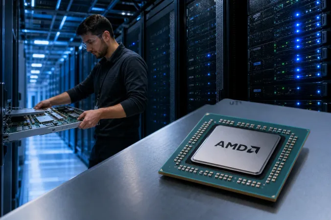 A technician works beside server racks in a modern data centre, with AMD-branded processor packaging visible in the foreground.