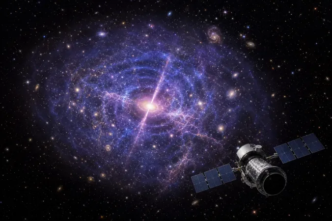Editorial illustration of a bright central quasar disturbing glowing hot gas in a galaxy cluster, with an orbiting X-ray observatory observing the system.