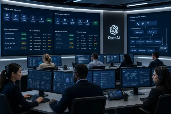 Editorial illustration of an enterprise operations team monitoring governed AI agent workflows on secure dashboards, with the OpenAI logo displayed on a wall screen.
