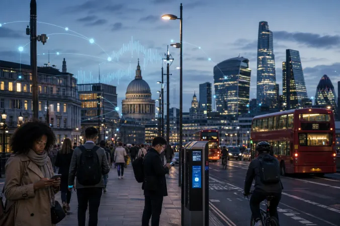 A wide evening view of central London with public transport, pedestrians and subtle digital infrastructure visualisations integrated into the city scene.