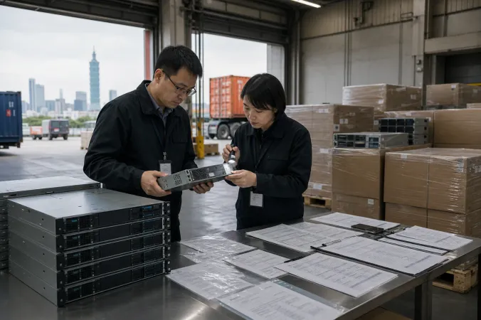 Investigators examining boxed rack servers and export documents in a Taiwanese freight warehouse.