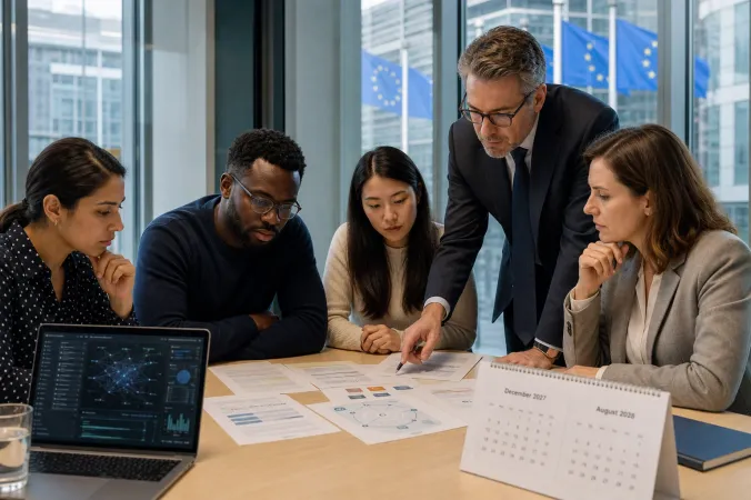 A European AI compliance team reviews risk documents and a digital systems dashboard in a modern office, with EU flags visible outside.