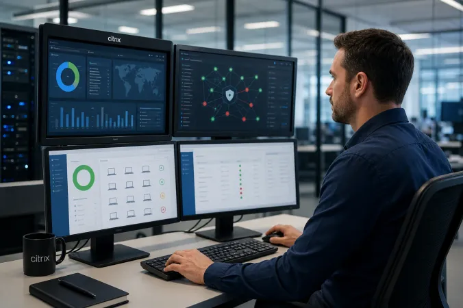An IT administrator monitors Windows endpoint updates on a laptop and security dashboard, with the Citrix logo visible in the office.