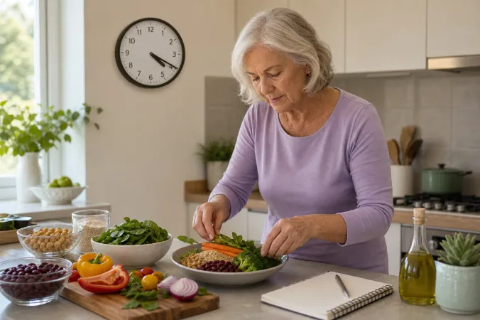 An older woman preparing a healthy meal in a bright home kitchen beside a clock, with a notebook and fresh vegetables on the counter.