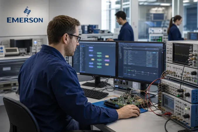 An engineer reviews test software beside modular measurement instruments in an electronics laboratory, with an Emerson logo visible on a wall display.