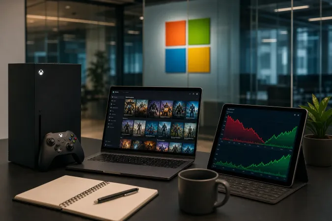 An Xbox console controller and a laptop displaying a gaming library beside Microsoft financial charts in a modern office.