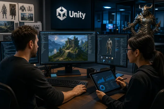 A game developer works at a multi-monitor workstation showing a 3D game scene, terminal automation and analytics dashboards, with the Unity logo visible on a studio display.
