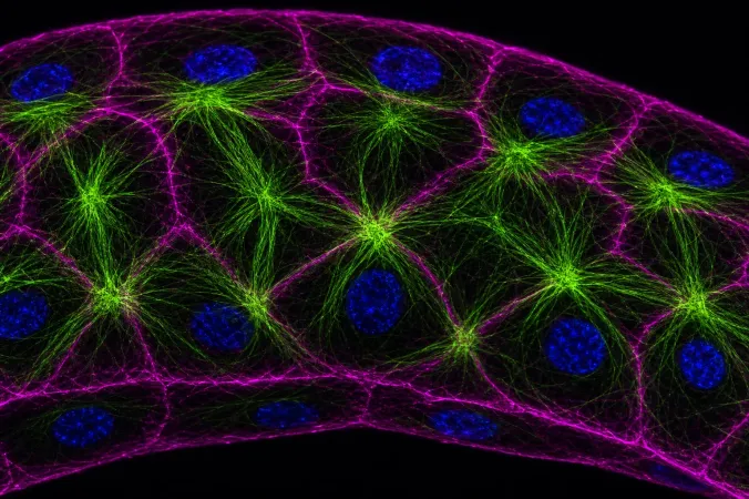 Confocal microscopy-style view of a stretched epithelial cell sheet showing green keratin bundles, magenta actin at cell edges and blue nuclei.