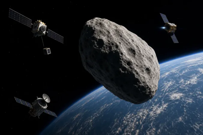 Illustration of asteroid Apophis near Earth with three scientific spacecraft observing it during a close flyby.