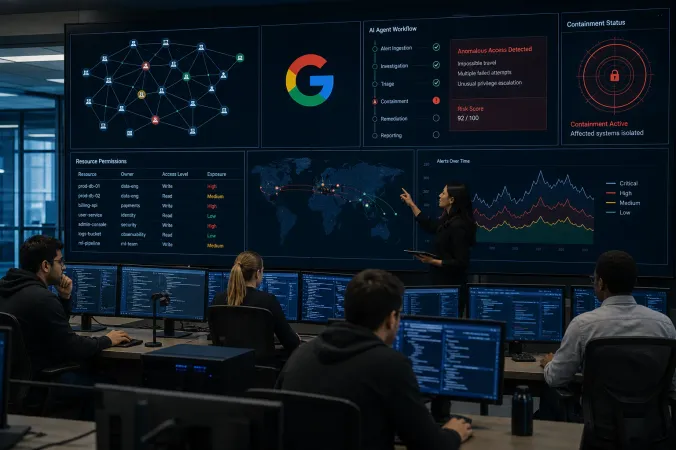 A security operations team monitors a large enterprise access-control dashboard showing user and AI-agent activity, with the Google logo visible on a screen.