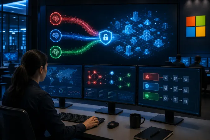 A cybersecurity analyst monitors a blue-toned operations dashboard while abstract connected nodes represent coordinated AI security agents.