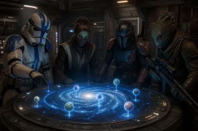 A tactical Star Wars squad studies a glowing holographic galaxy map inside a spacecraft command room.
