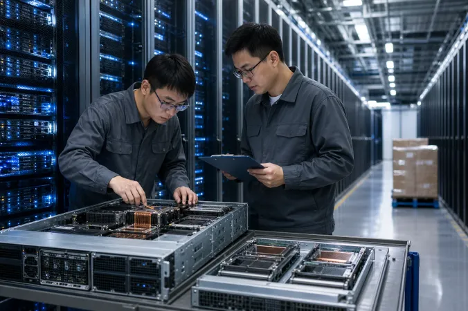 Rows of server racks in a modern data centre with technicians examining processor trays and supply documents.