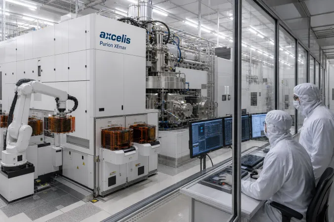 An Axcelis Purion XEmax ion implantation system in a clean semiconductor fabrication facility beside wafer-handling equipment.