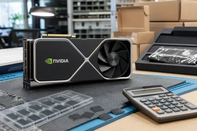An Nvidia GeForce RTX high-end graphics card displayed on a workbench beside memory chips and price labels.