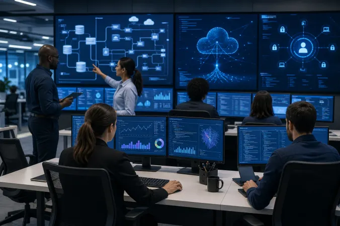 A modern enterprise operations room showing analysts reviewing governed data flows and AI agent workflows on large screens.