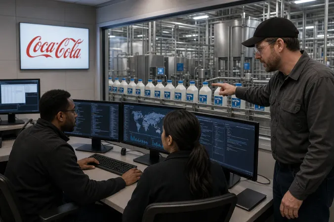 A food production control room with a Coca-Cola logo on a wall display, dairy packaging equipment and cybersecurity analysts reviewing recovery status.