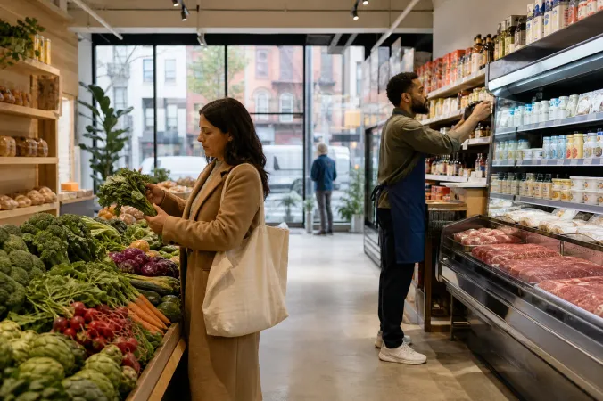 A shopper compares fresh vegetables and pantry staples in a modern neighbourhood grocery store while a staff member stocks shelves.
