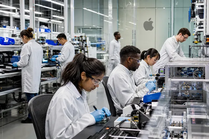 Technicians receive hands-on electronics manufacturing training inside Apple’s Advanced Manufacturing Center in Houston.