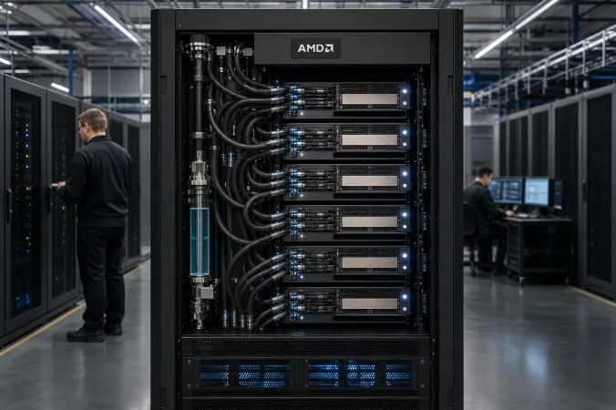A liquid-cooled AI data-centre rack with AMD Instinct accelerator trays, visible coolant lines and the AMD logo on a front panel.