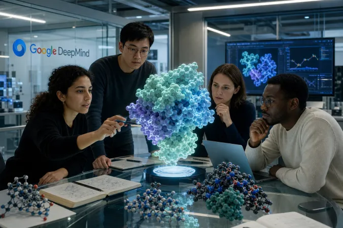 Researchers examine a projected protein structure model in a modern Google DeepMind laboratory.
