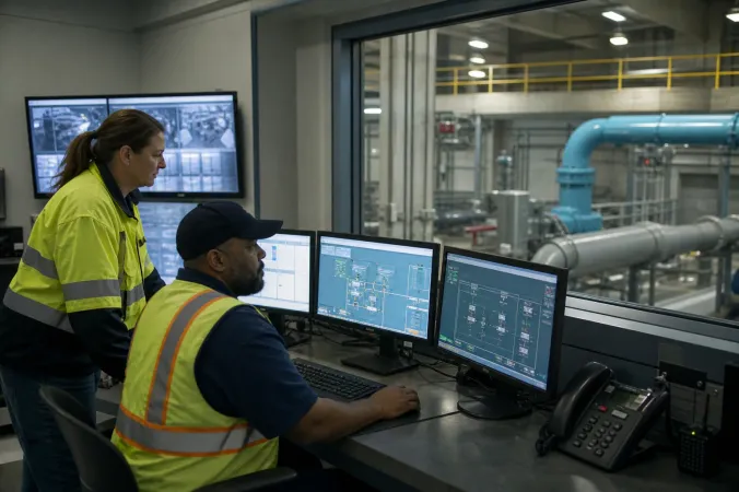 A municipal water treatment control room with operators monitoring industrial screens and pump equipment.