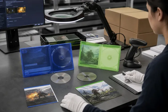 A close-up editorial scene of a PlayStation 5 game disc and an Xbox Series game disc on a quality-control workstation with cases and packaging materials.