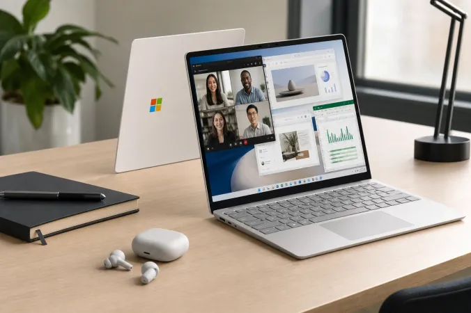 A Microsoft Surface Laptop open on a desk with several productivity application windows visible and the Microsoft logo on the lid.