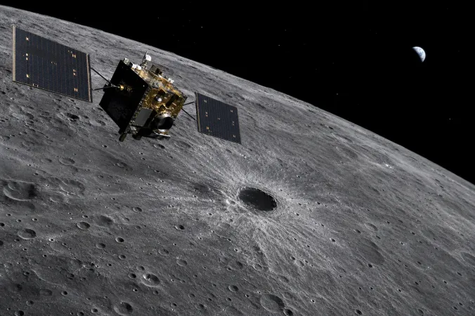 Editorial illustration of a South Korean lunar orbiter imaging a fresh dark impact mark on the Moon’s surface.