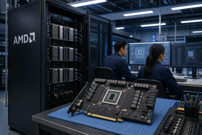 An AMD-branded data-centre rack beside a specialised AI accelerator board on an engineering workbench.