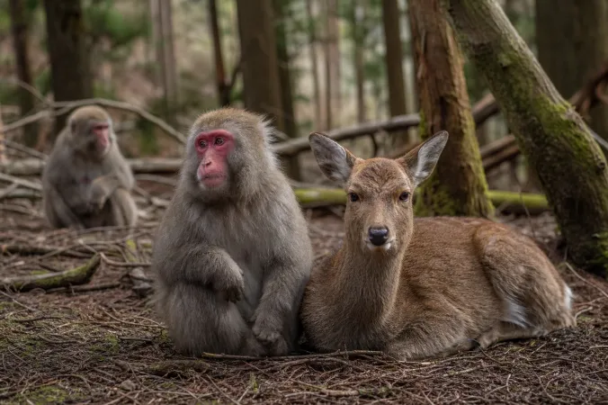 A Japanese macaque sitting calmly beside a sika deer in a wooded Japanese landscape.