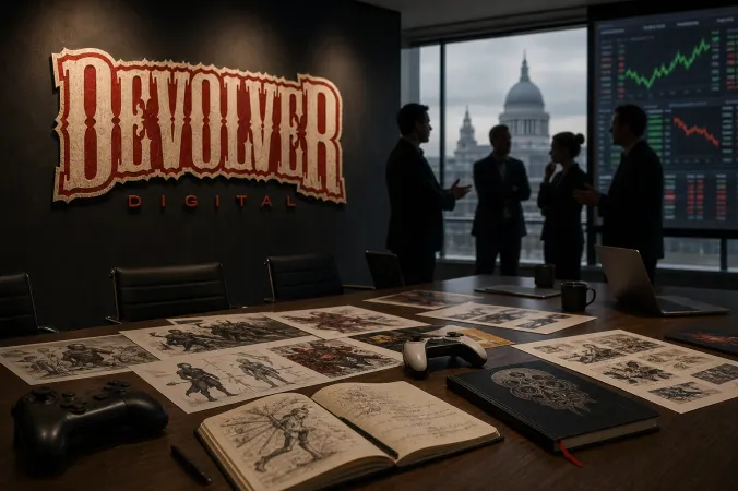 Editorial illustration of Devolver Digital’s logo beside a stock-market display and independent game development materials.