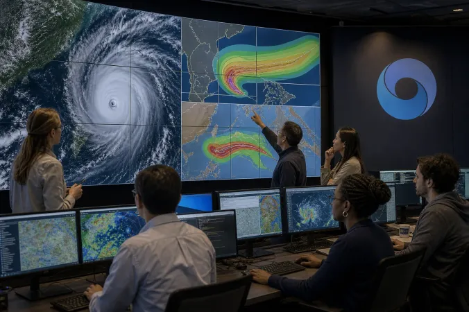 A tropical cyclone over the ocean shown beside meteorologists reviewing probabilistic storm tracks on large forecasting displays.