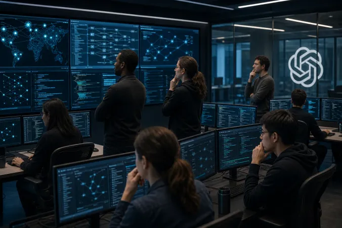 An OpenAI research facility control room where engineers monitor autonomous AI agent activity on secure screens beside the OpenAI logo.