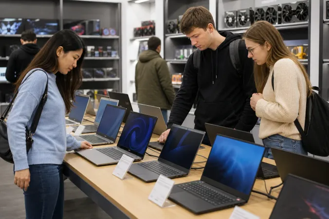 A retail display of laptops in a modern electronics store, with shoppers comparing premium and entry-level models.