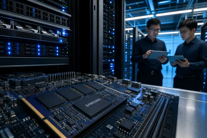 Samsung-branded memory chips on a server board in an AI data-centre setting.